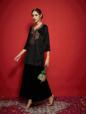 Black Velvet Front Multi Color Embroidered Short Kurta-Shae by SASSAFRAS