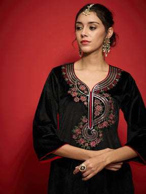 Black Velvet Front Multi Color Embroidered Short Kurta-Shae by SASSAFRAS