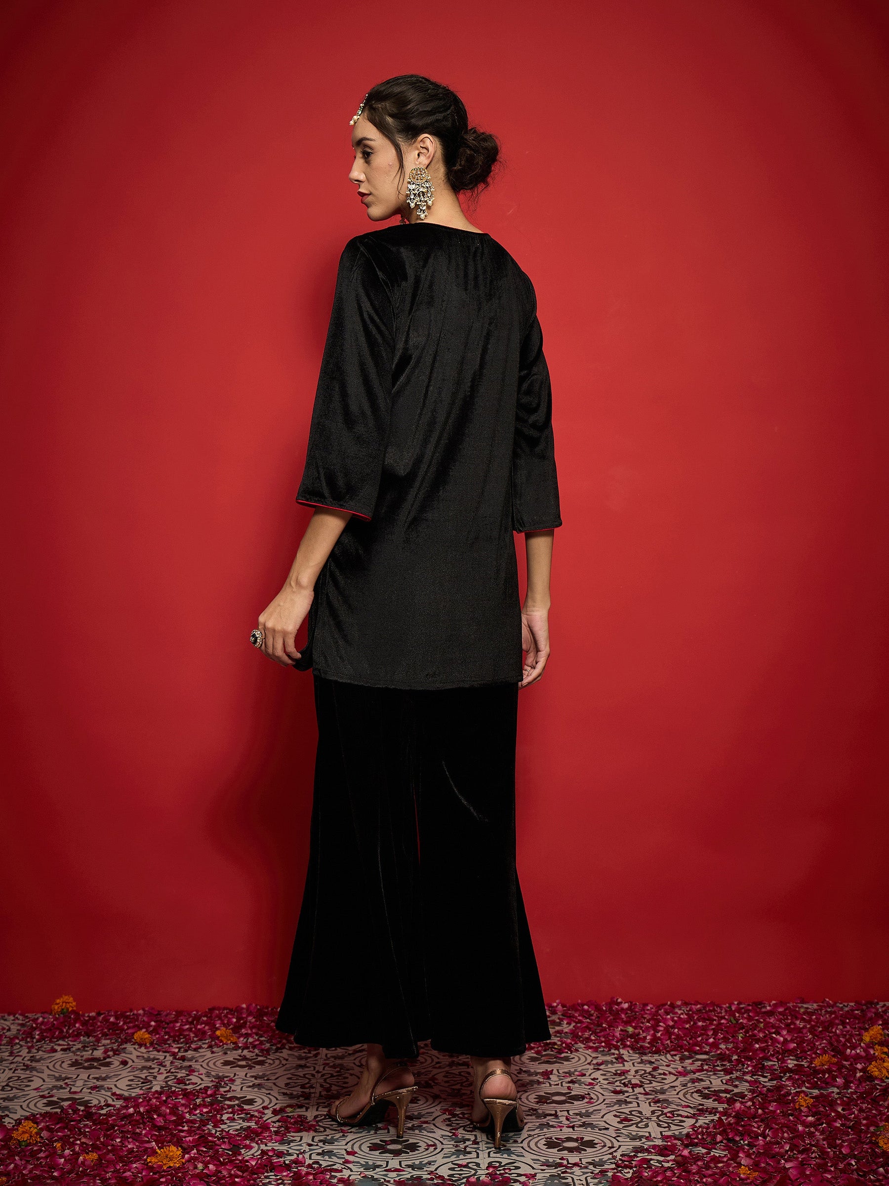 Black Velvet Front Multi Color Embroidered Short Kurta-Shae by SASSAFRAS