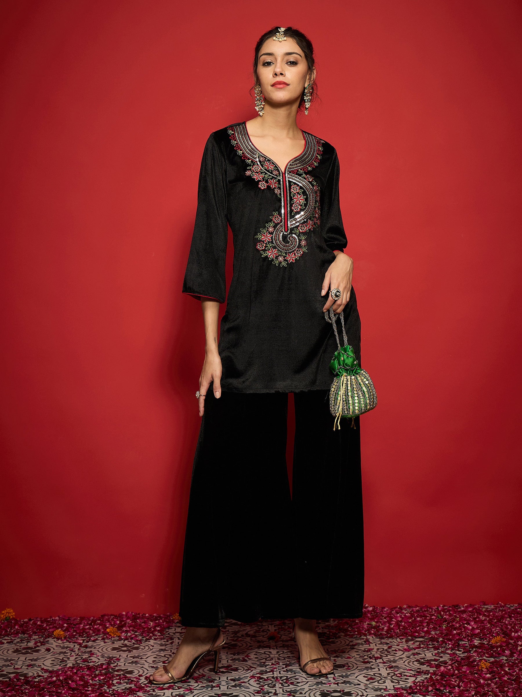 Black Velvet Front Multi Color Embroidered Short Kurta With Palazzo Pants -Shae by SASSAFRAS