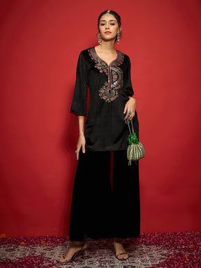 Black Velvet Front Multi Color Embroidered Short Kurta With Palazzo Pants -Shae by SASSAFRAS