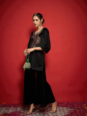 Black Velvet Front Multi Color Embroidered Short Kurta With Palazzo Pants -Shae by SASSAFRAS