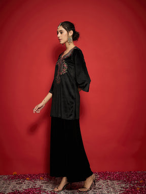 Black Velvet Front Multi Color Embroidered Short Kurta With Palazzo Pants -Shae by SASSAFRAS