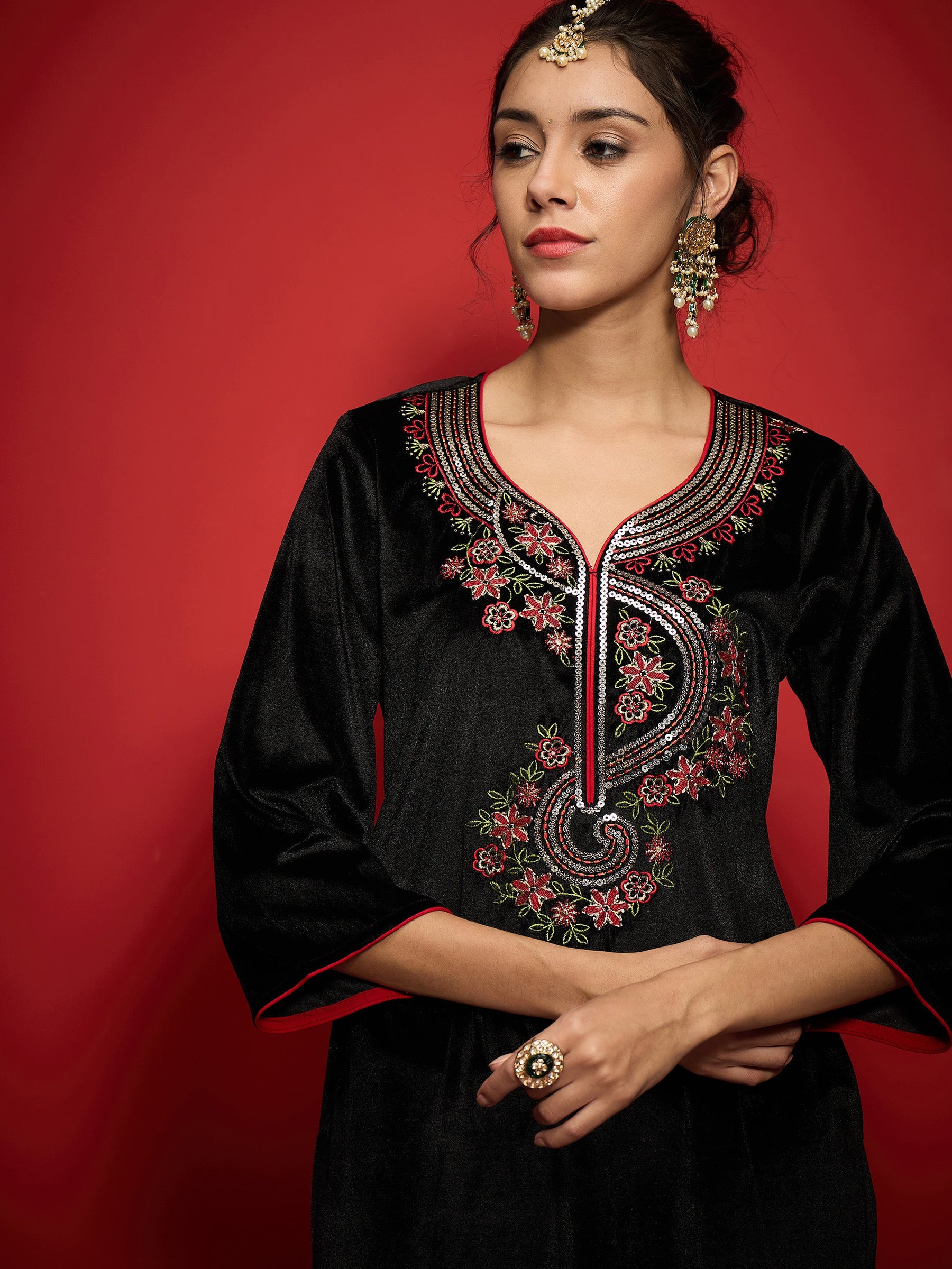 Black Velvet Front Multi Color Embroidered Short Kurta With Palazzo Pants -Shae by SASSAFRAS