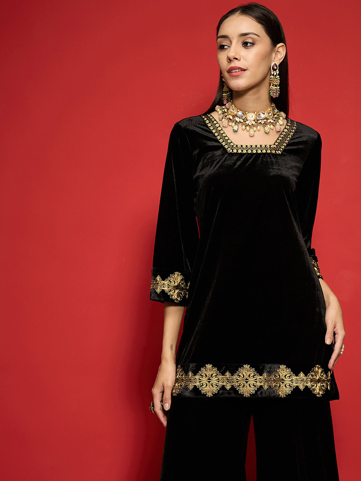 Black Velvet Front Embroidered Glass Neck Short Kurta-Shae by SASSAFRAS