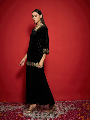 Black Velvet Front Embroidered Glass Neck Short Kurta-Shae by SASSAFRAS