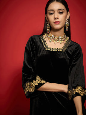 Black Velvet Front Embroidered Glass Neck Short Kurta-Shae by SASSAFRAS