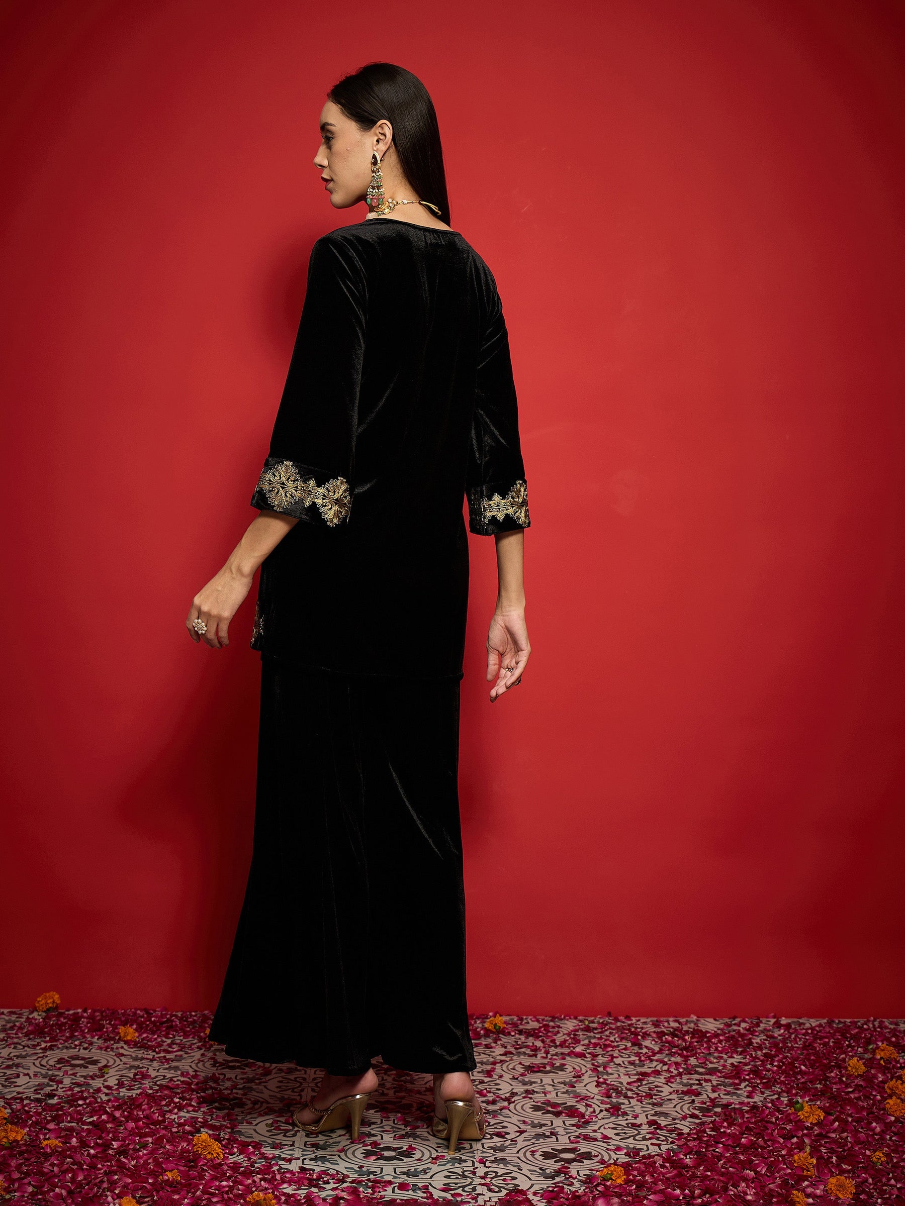 Black Velvet Front Embroidered Glass Neck Short Kurta-Shae by SASSAFRAS