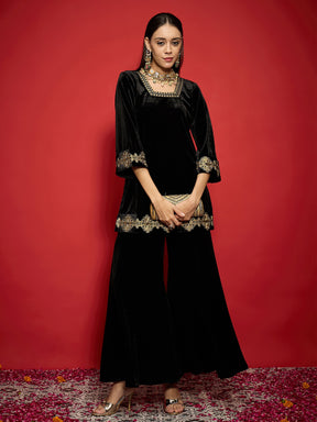 Black Velvet Embroidered Glass Neck Short Kurta With Palazzo Pants -Shae by SASSAFRAS