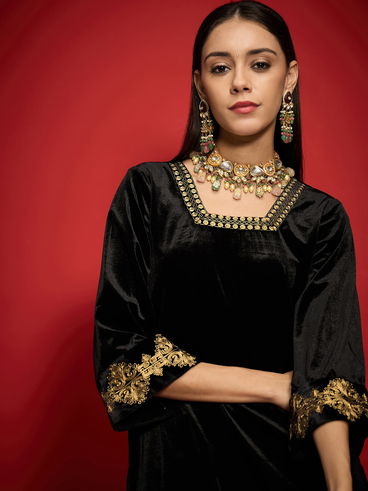 Black Velvet Embroidered Glass Neck Short Kurta With Palazzo Pants -Shae by SASSAFRAS