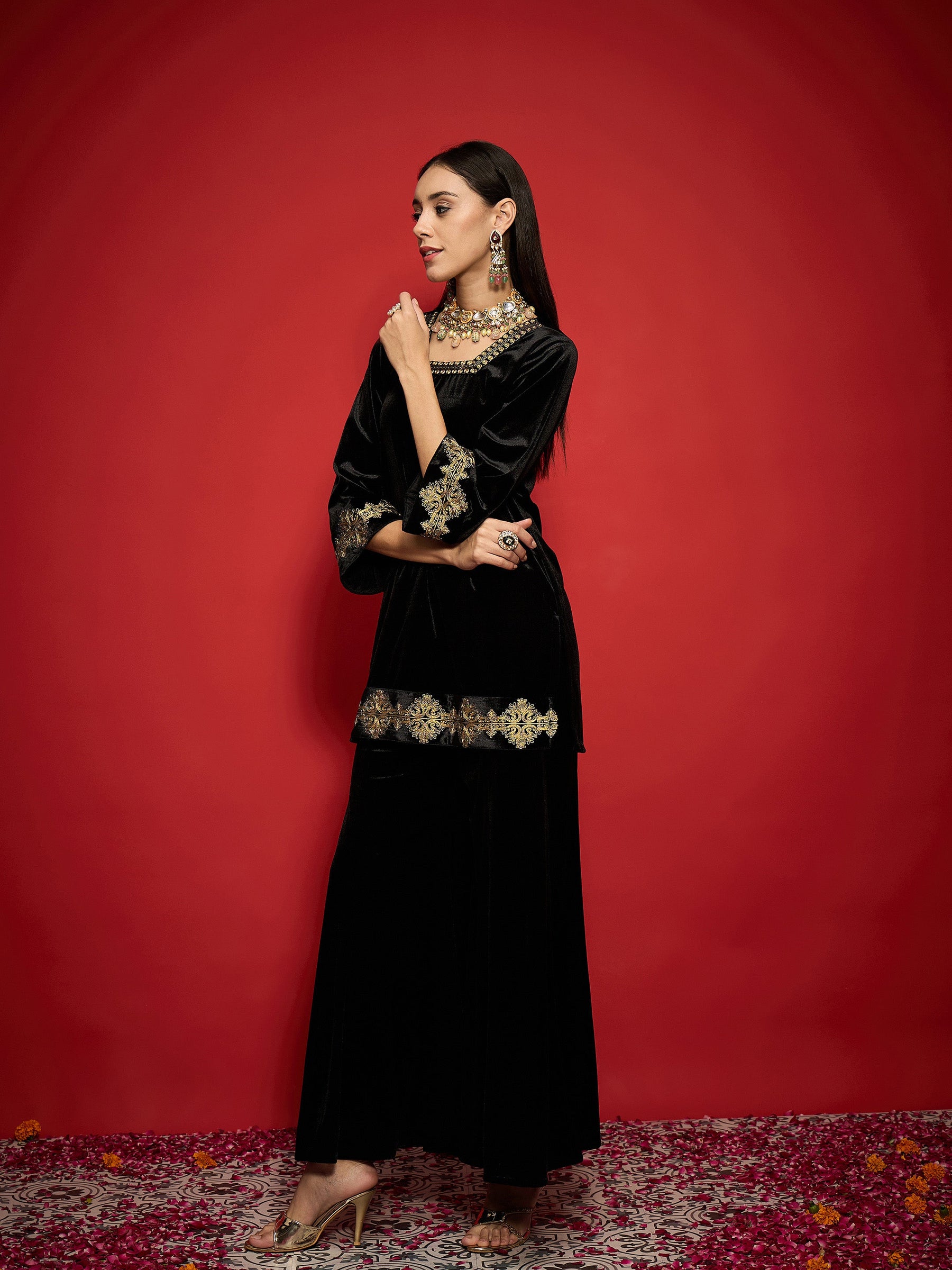 Black Velvet Embroidered Glass Neck Short Kurta With Palazzo Pants -Shae by SASSAFRAS