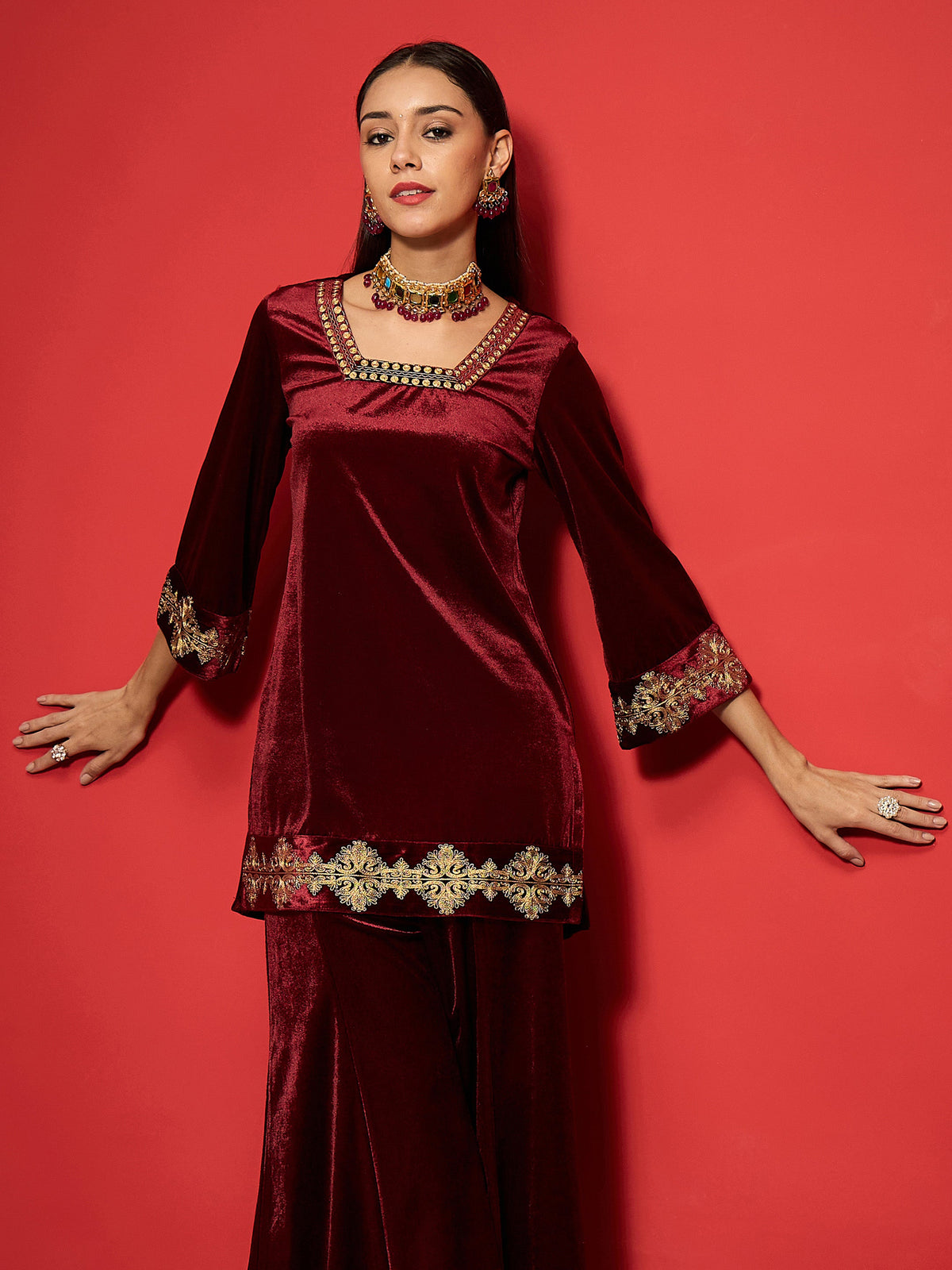 Maroon Velvet Front Embroidered Glass Neck Short Kurta-Shae by SASSAFRAS