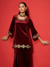 Maroon Velvet Front Embroidered Glass Neck Short Kurta-Shae by SASSAFRAS