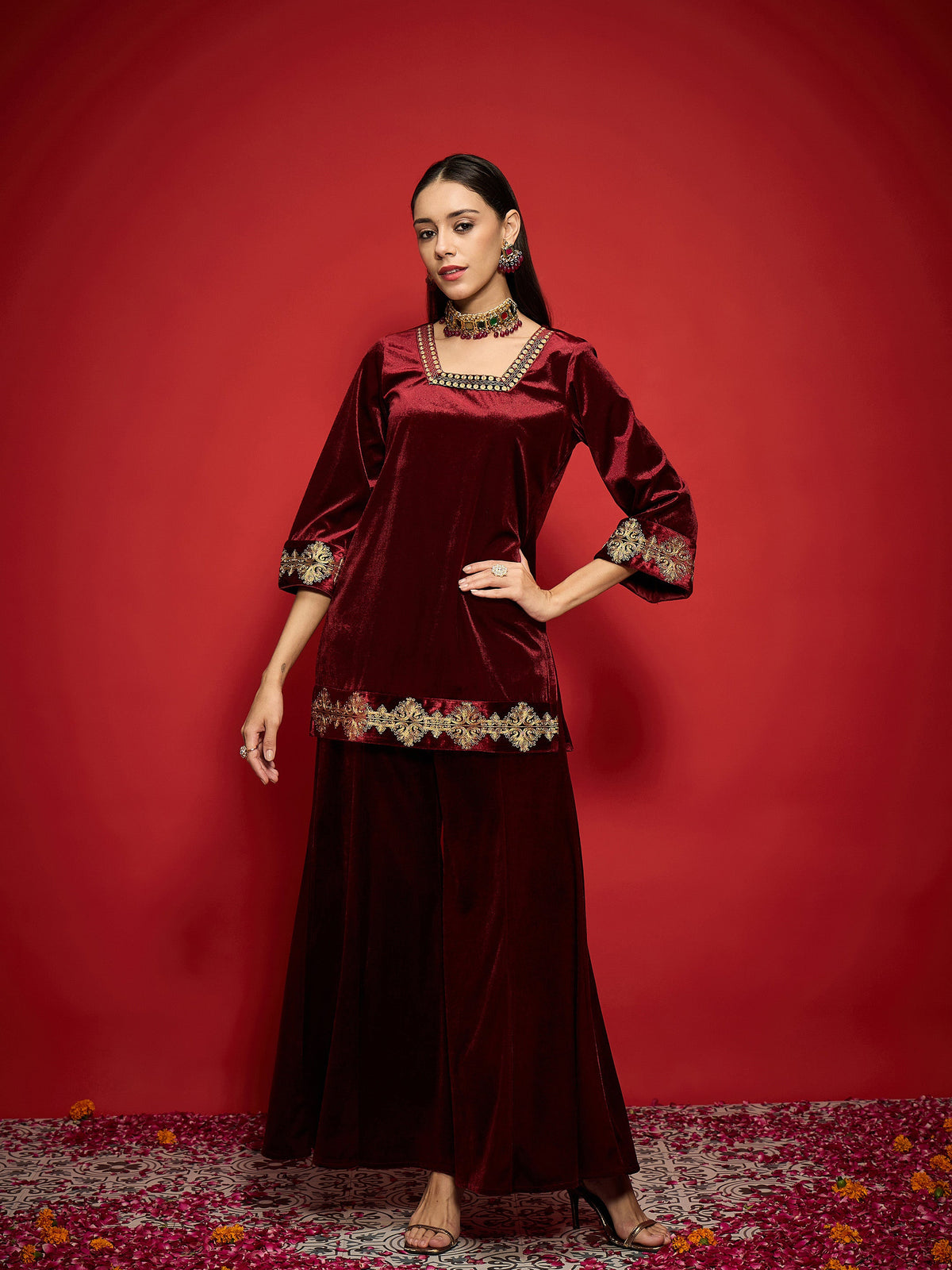 Maroon Velvet Front Embroidered Glass Neck Short Kurta-Shae by SASSAFRAS