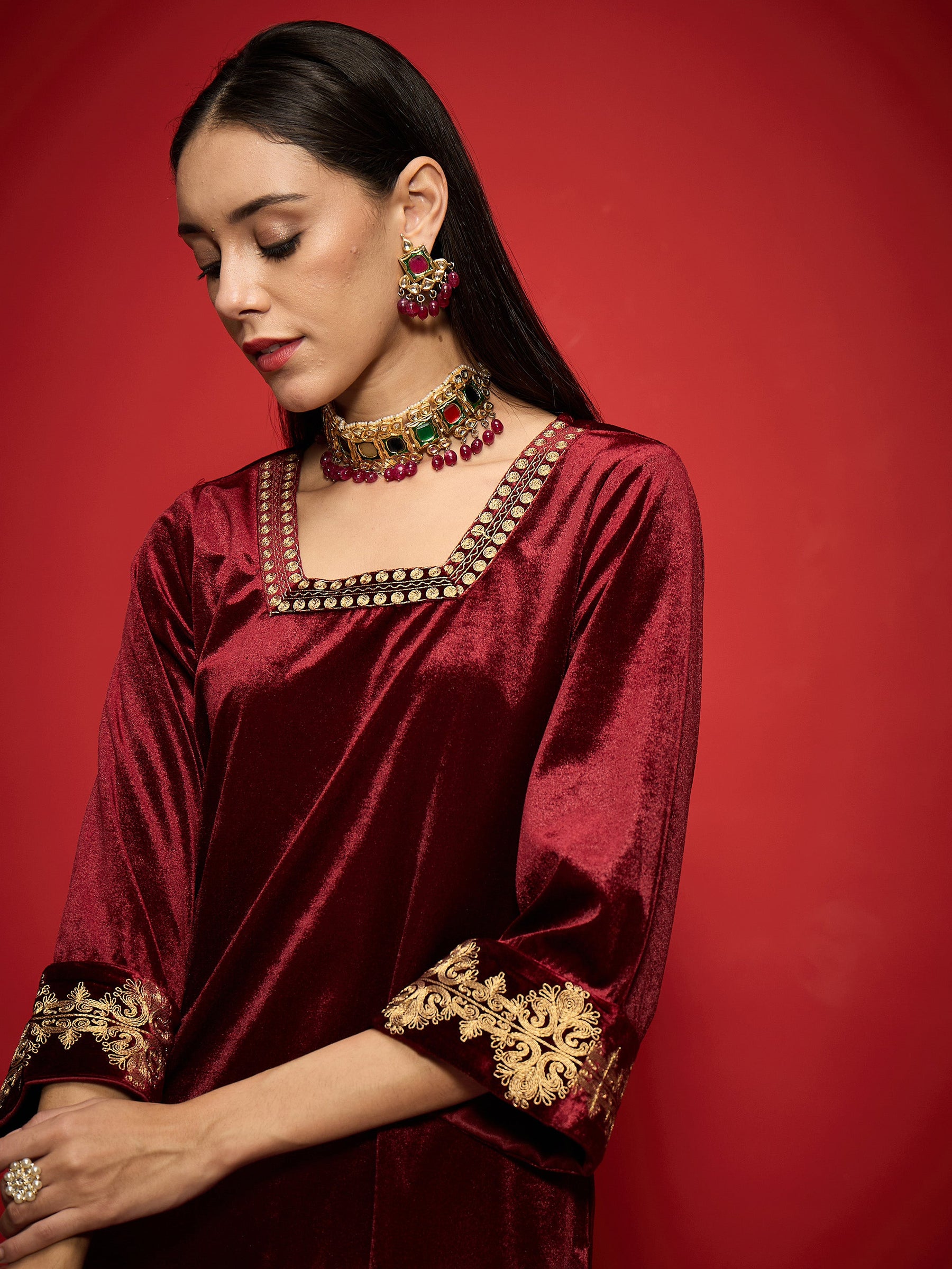 Maroon Velvet Front Embroidered Glass Neck Short Kurta-Shae by SASSAFRAS