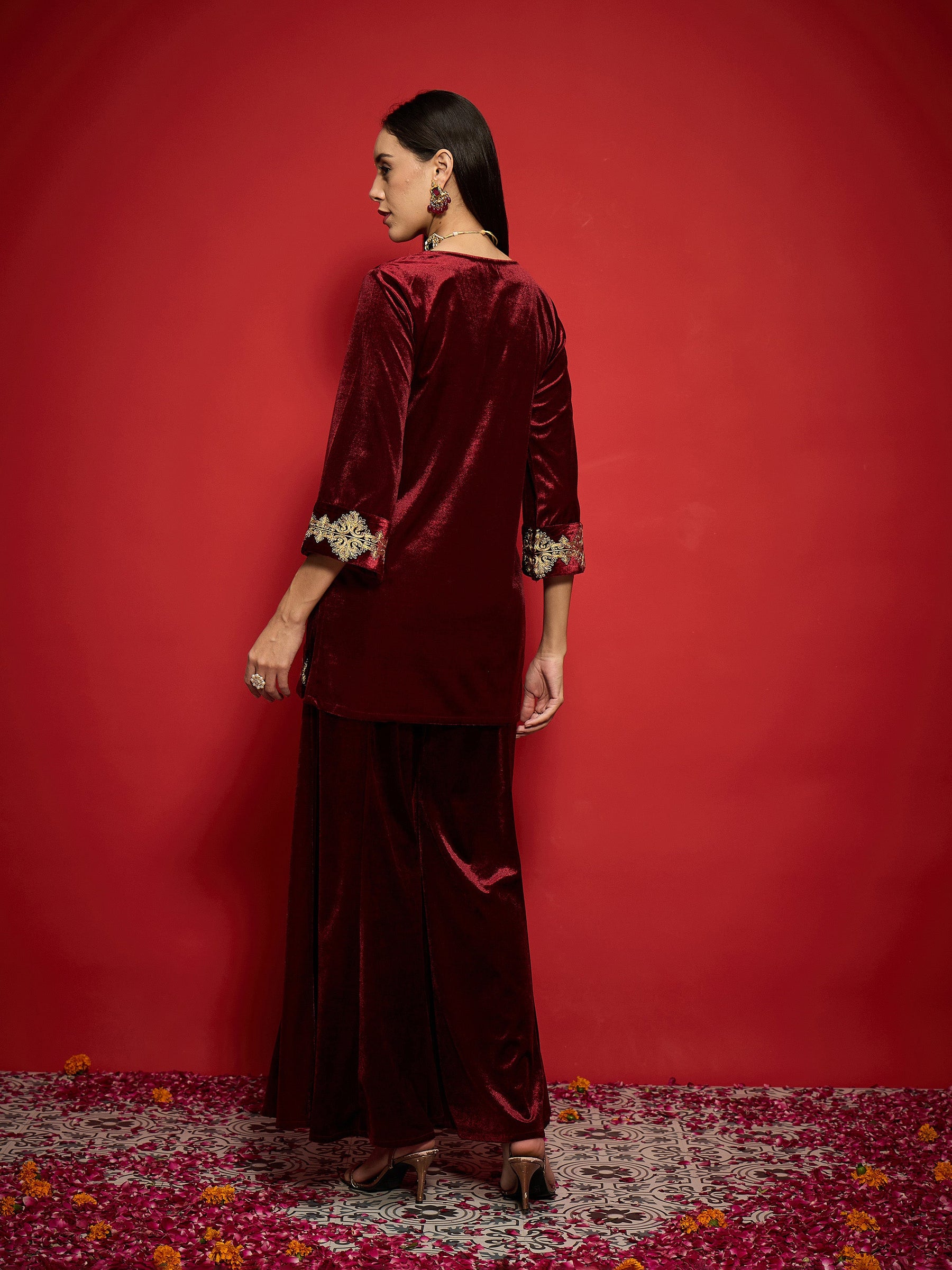 Maroon Velvet Front Embroidered Glass Neck Short Kurta-Shae by SASSAFRAS