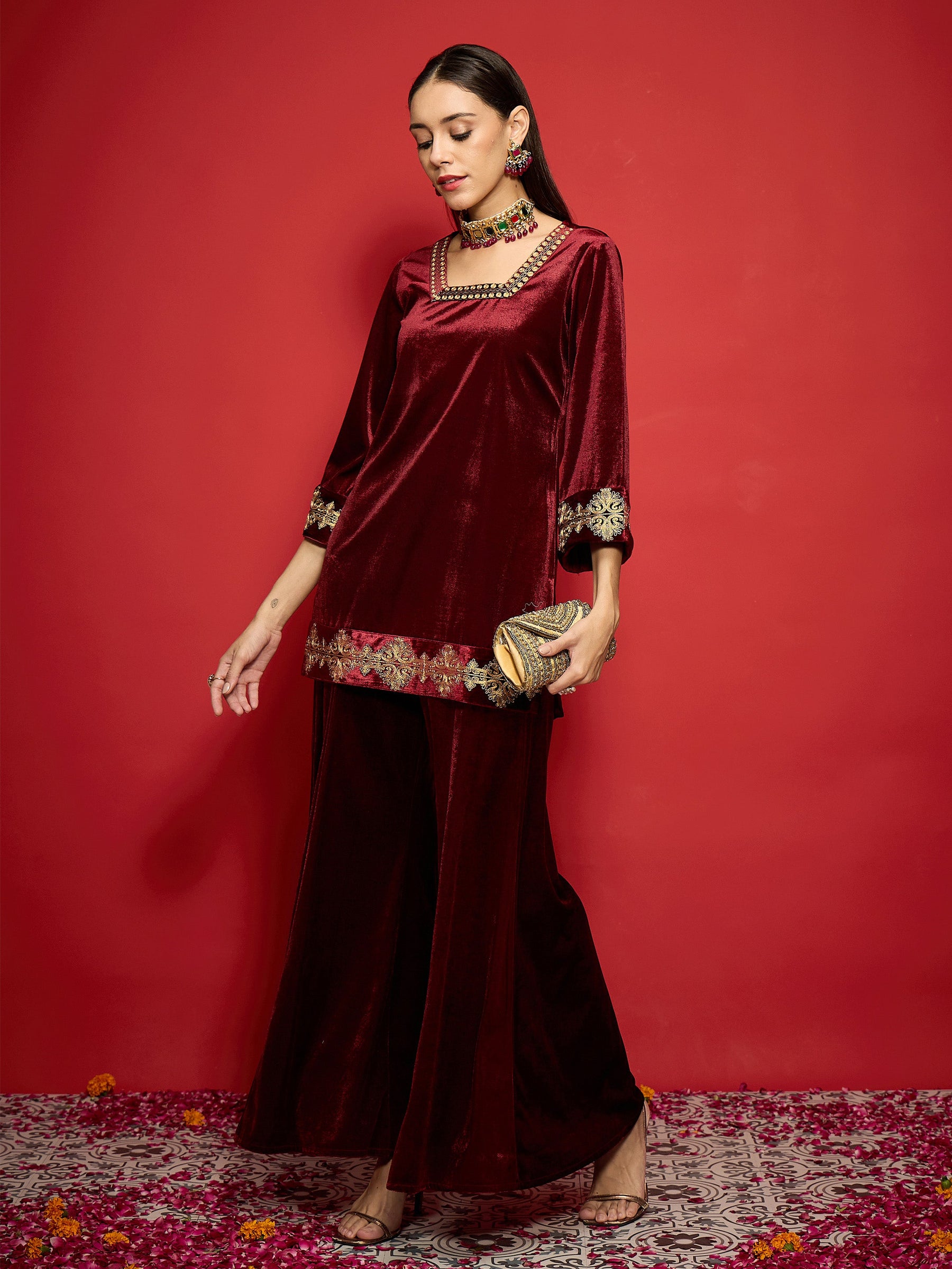 Maroon Velvet Embroidered Glass Neck Short Kurta With Palazzo Pants-Shae by SASSAFRAS