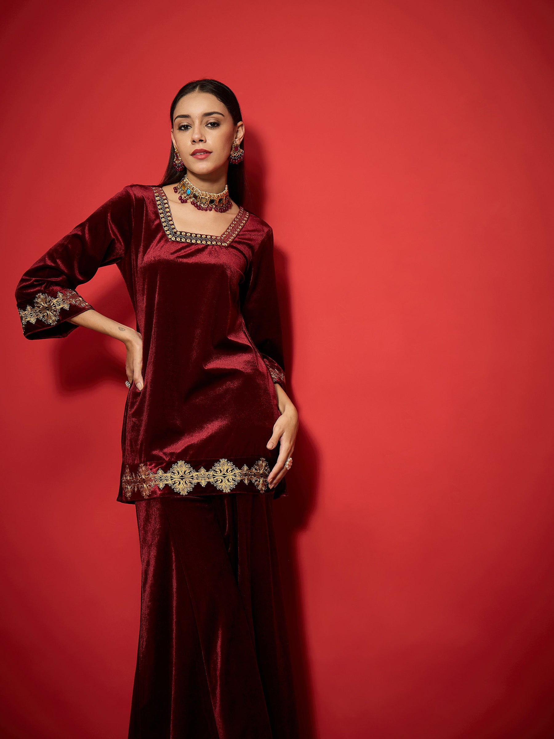 Maroon Velvet Embroidered Glass Neck Short Kurta With Palazzo Pants-Shae by SASSAFRAS