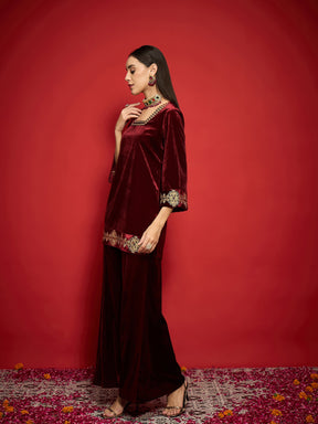 Maroon Velvet Embroidered Glass Neck Short Kurta With Palazzo Pants-Shae by SASSAFRAS