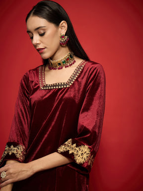 Maroon Velvet Embroidered Glass Neck Short Kurta With Palazzo Pants-Shae by SASSAFRAS