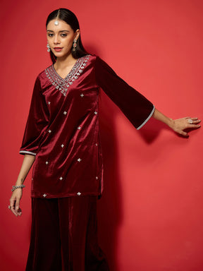 Maroon Velvet Front V-Neck Embroidered Short Kurta-Shae by SASSAFRAS