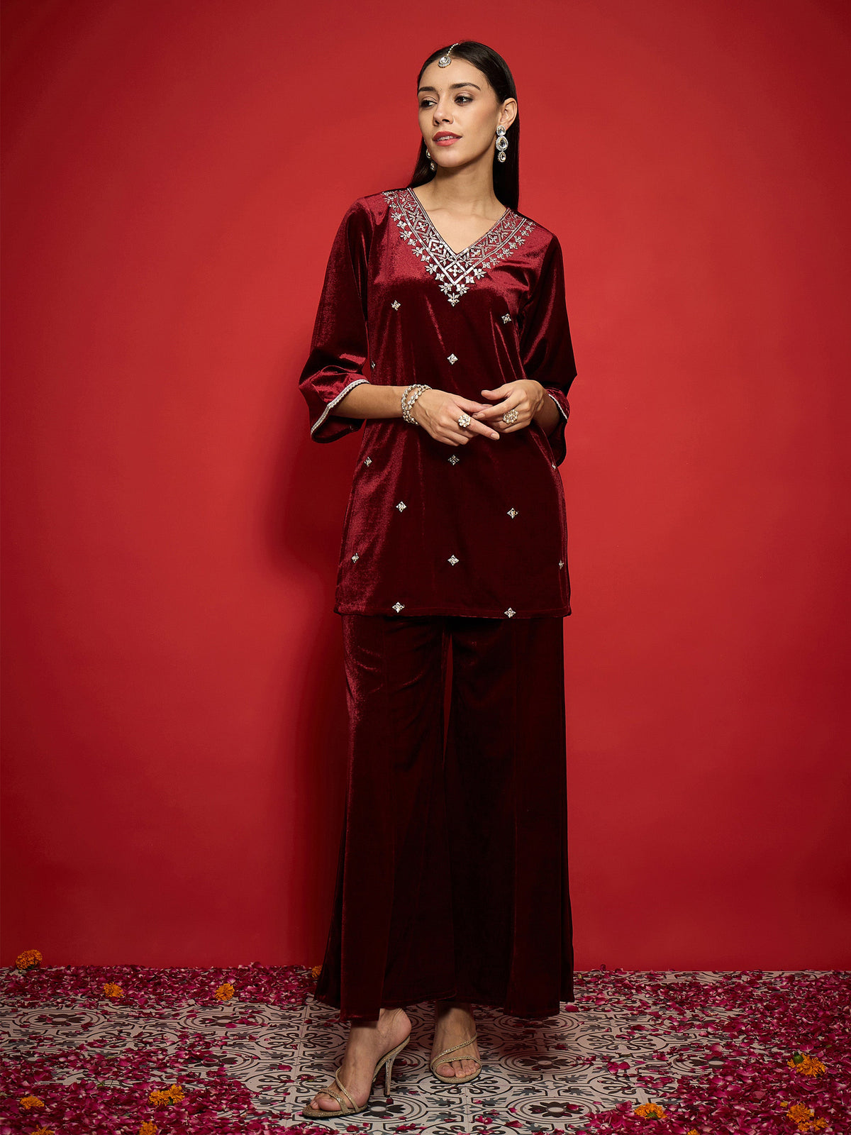 Maroon Velvet Front V-Neck Embroidered Short Kurta-Shae by SASSAFRAS