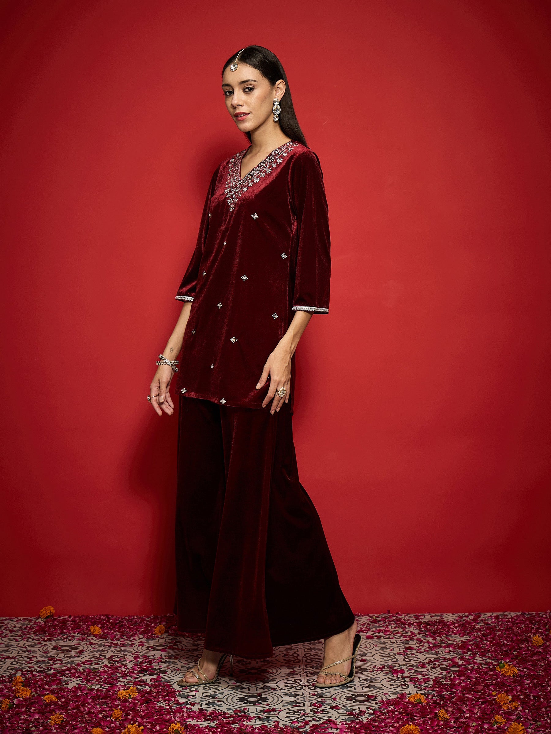 Maroon Velvet Front V-Neck Embroidered Short Kurta-Shae by SASSAFRAS