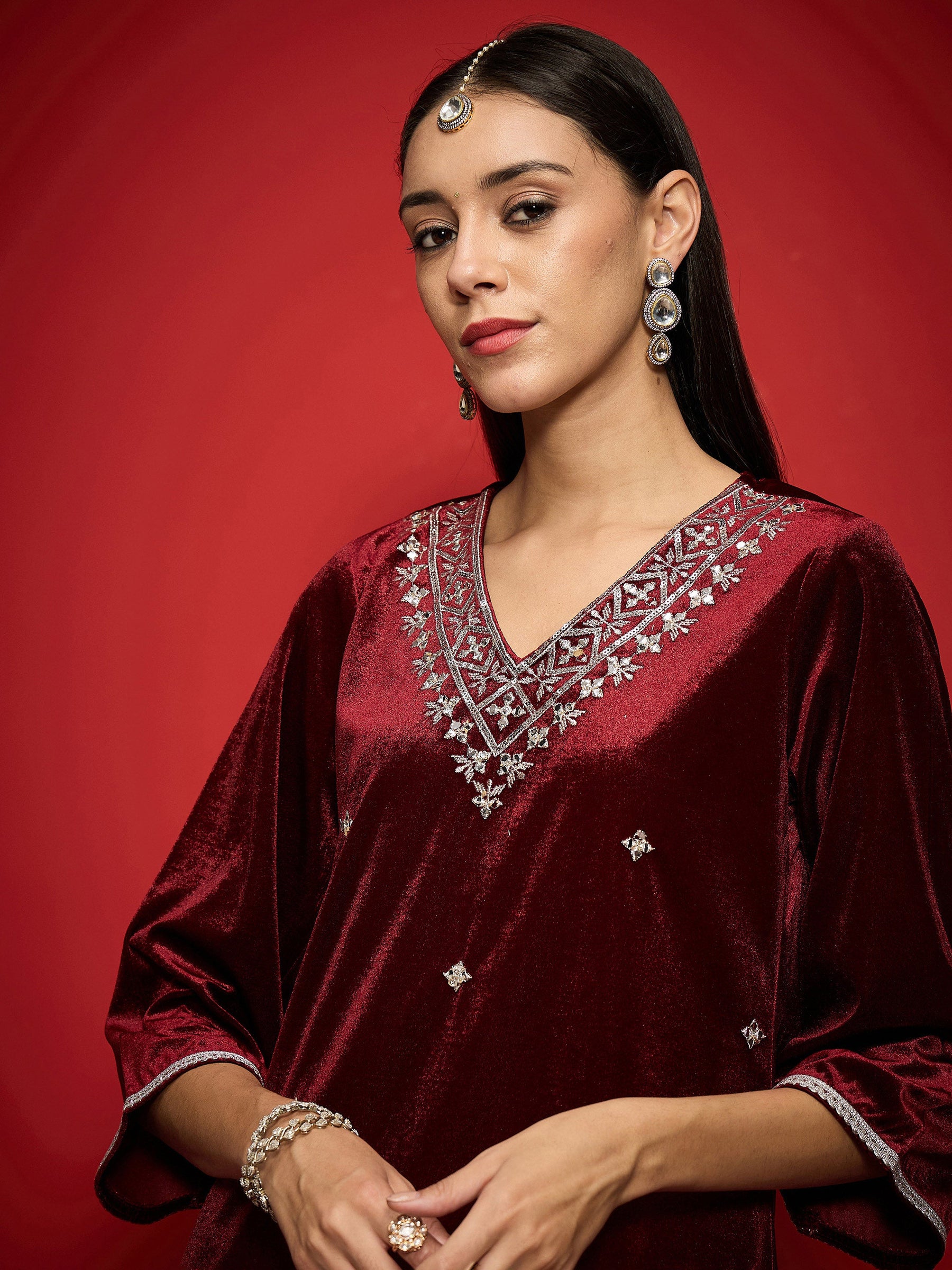 Maroon Velvet Front V-Neck Embroidered Short Kurta-Shae by SASSAFRAS