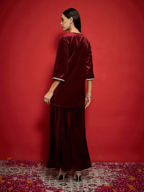 Maroon Velvet Front V-Neck Embroidered Short Kurta-Shae by SASSAFRAS