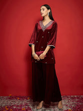 Maroon Velvet Embroidered Short Kurta With Palazzo -Shae by SASSAFRAS