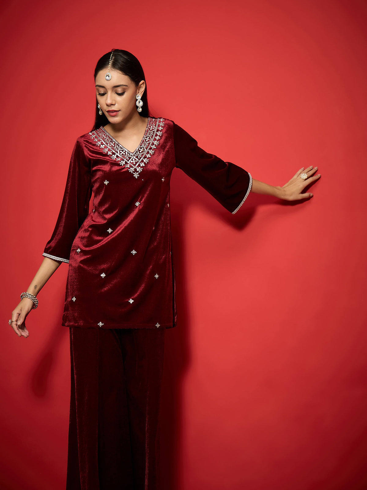 Maroon Velvet Embroidered Short Kurta With Palazzo -Shae by SASSAFRAS