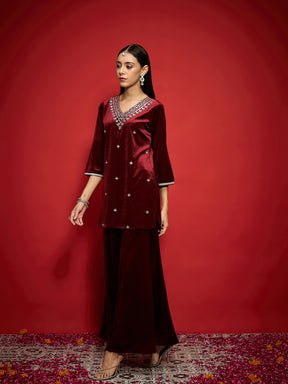 Maroon Velvet Embroidered Short Kurta With Palazzo -Shae by SASSAFRAS