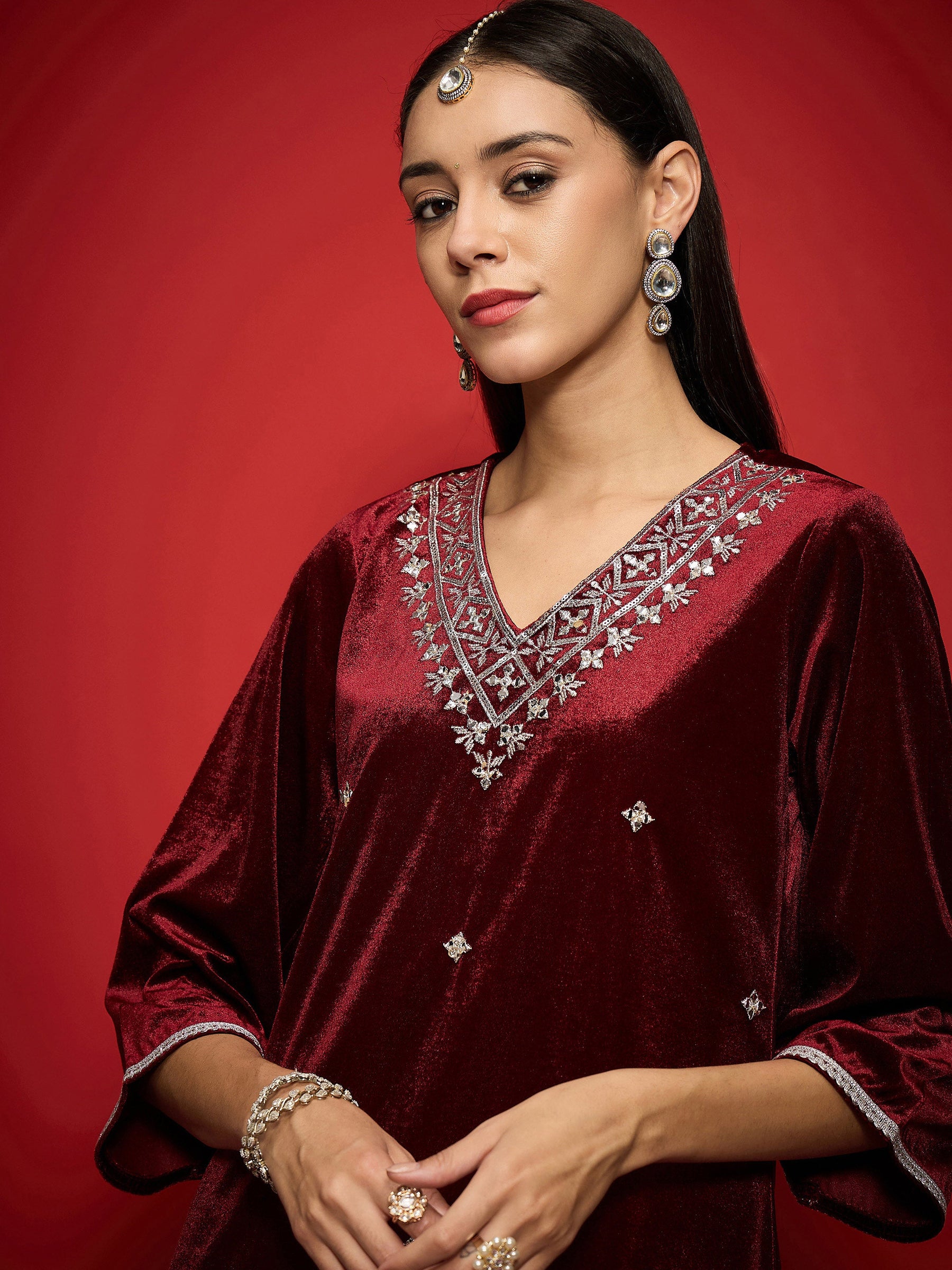 Maroon Velvet Embroidered Short Kurta With Palazzo -Shae by SASSAFRAS