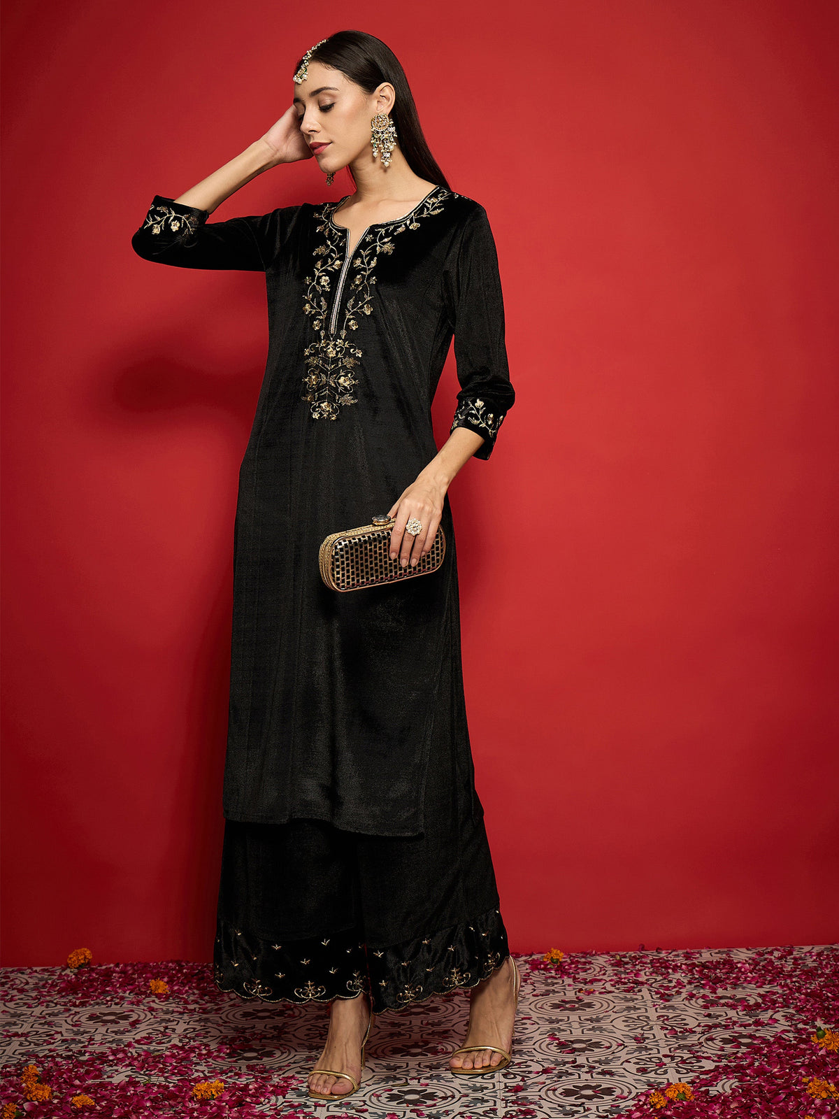 Black Velvet Zari Embroidered Round Neck Straight Kurta-Shae by SASSAFRAS