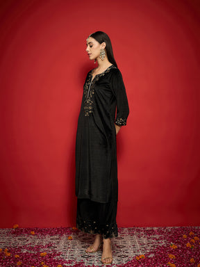 Black Velvet Zari Embroidered Round Neck Straight Kurta-Shae by SASSAFRAS