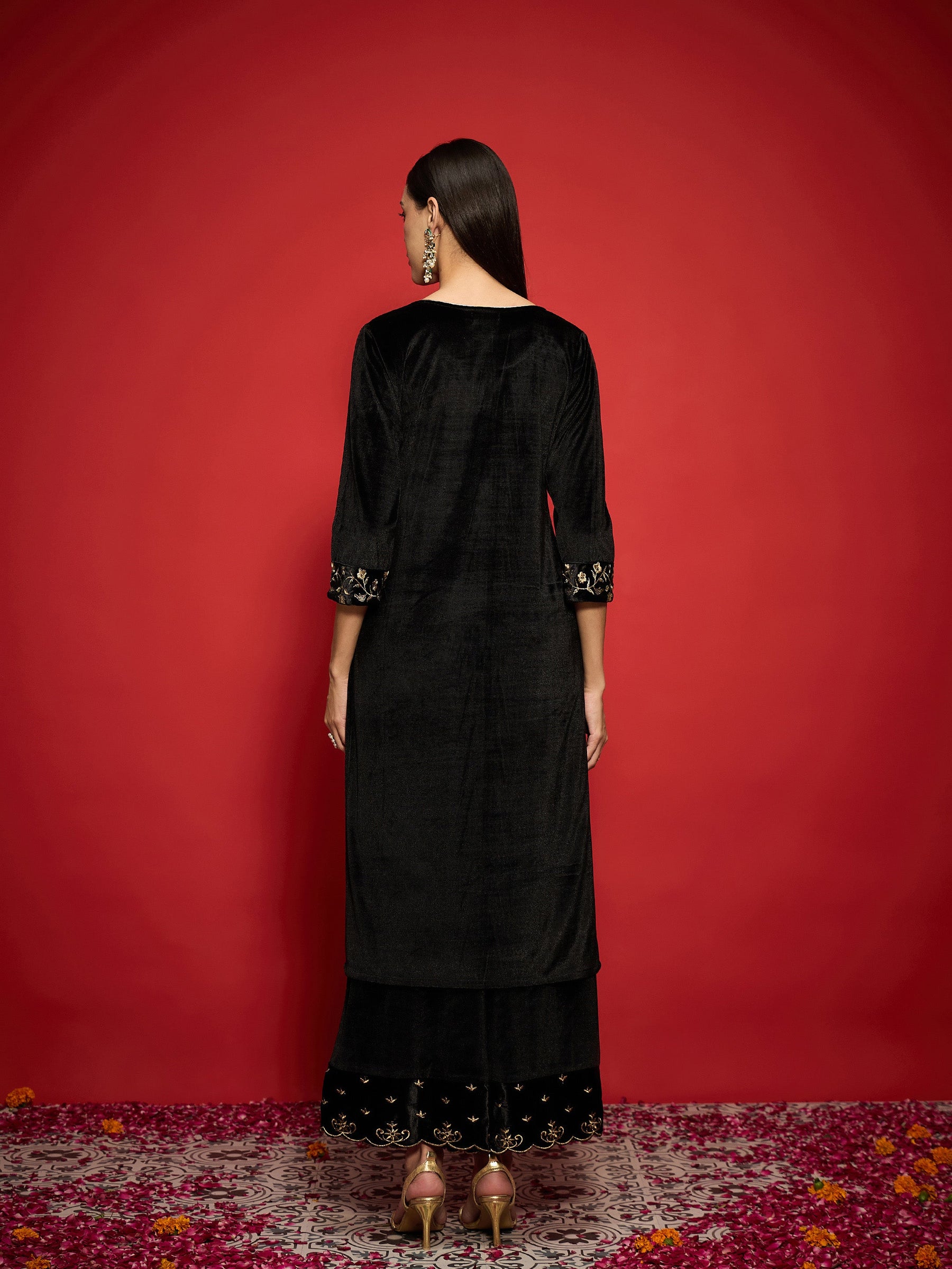 Black Velvet Zari Embroidered Round Neck Straight Kurta-Shae by SASSAFRAS