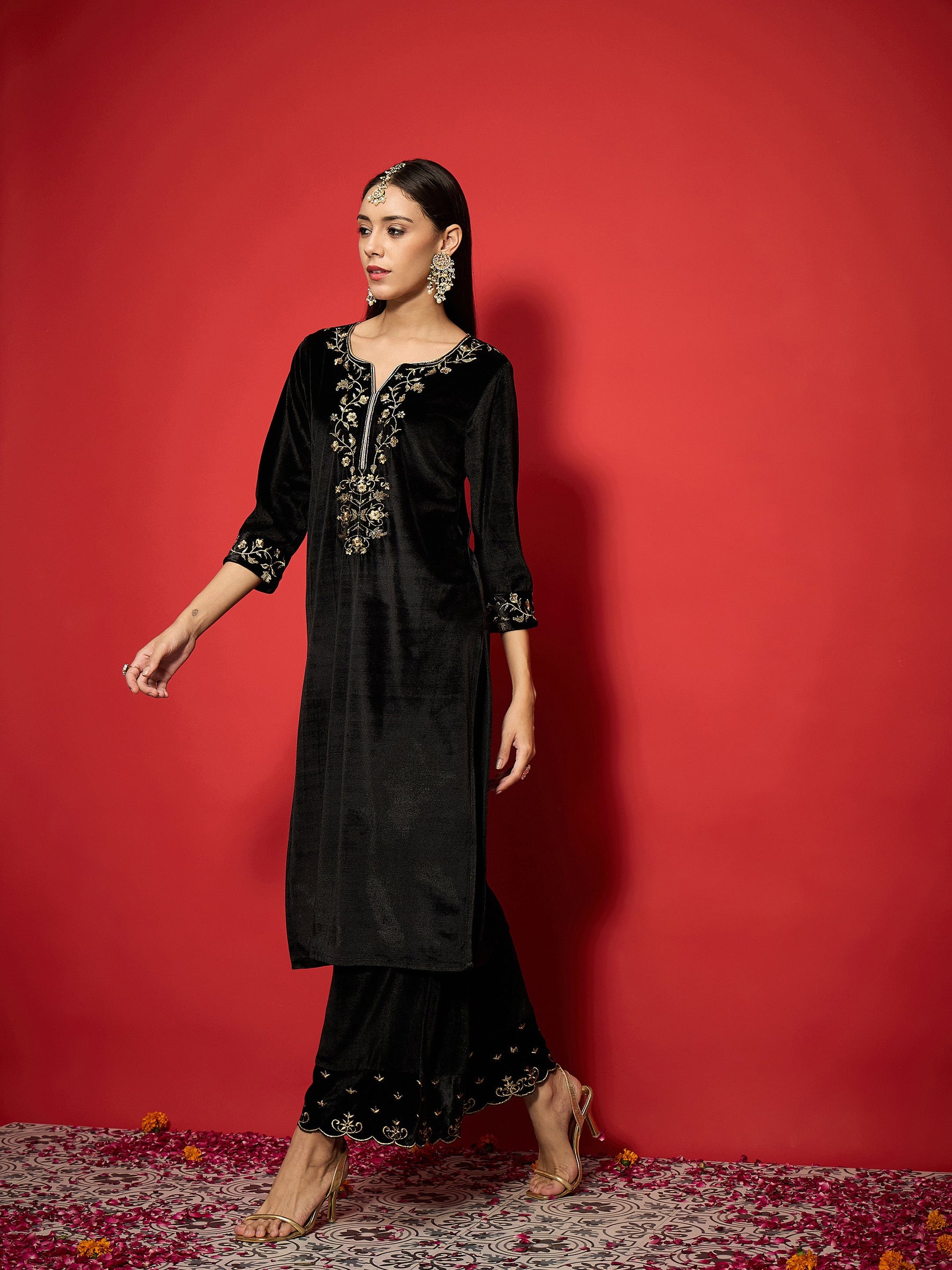 Black Velvet Embroidered Straight Kurta With Palazzos-Shae by SASSAFRAS