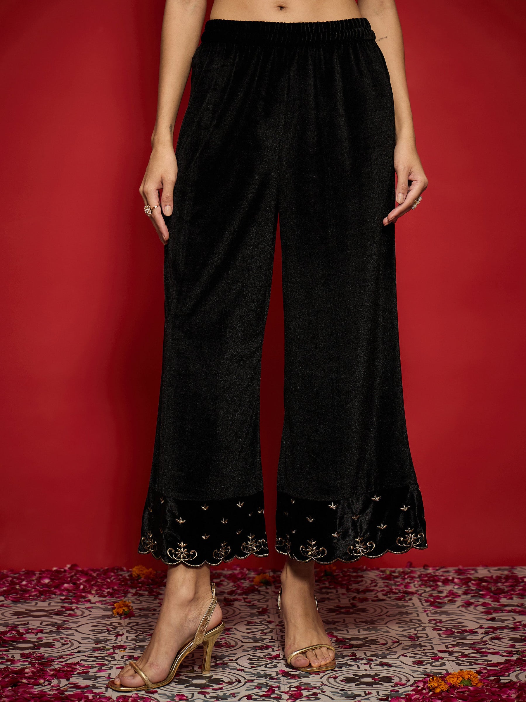 Black Velvet Embroidered Straight Kurta With Palazzos-Shae by SASSAFRAS