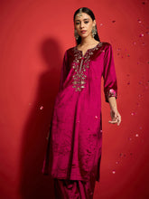 Fuchsia Velvet Zari Embroidered Round Neck Straight Kurta-Shae by SASSAFRAS