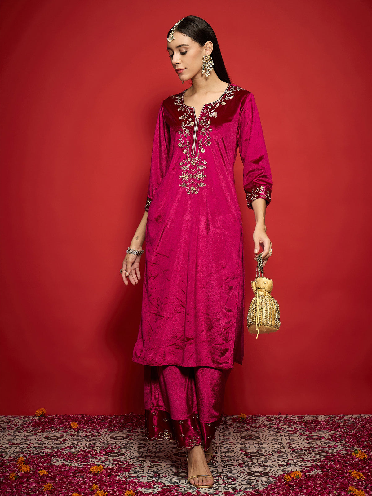 Fuchsia Velvet Zari Embroidered Round Neck Straight Kurta-Shae by SASSAFRAS