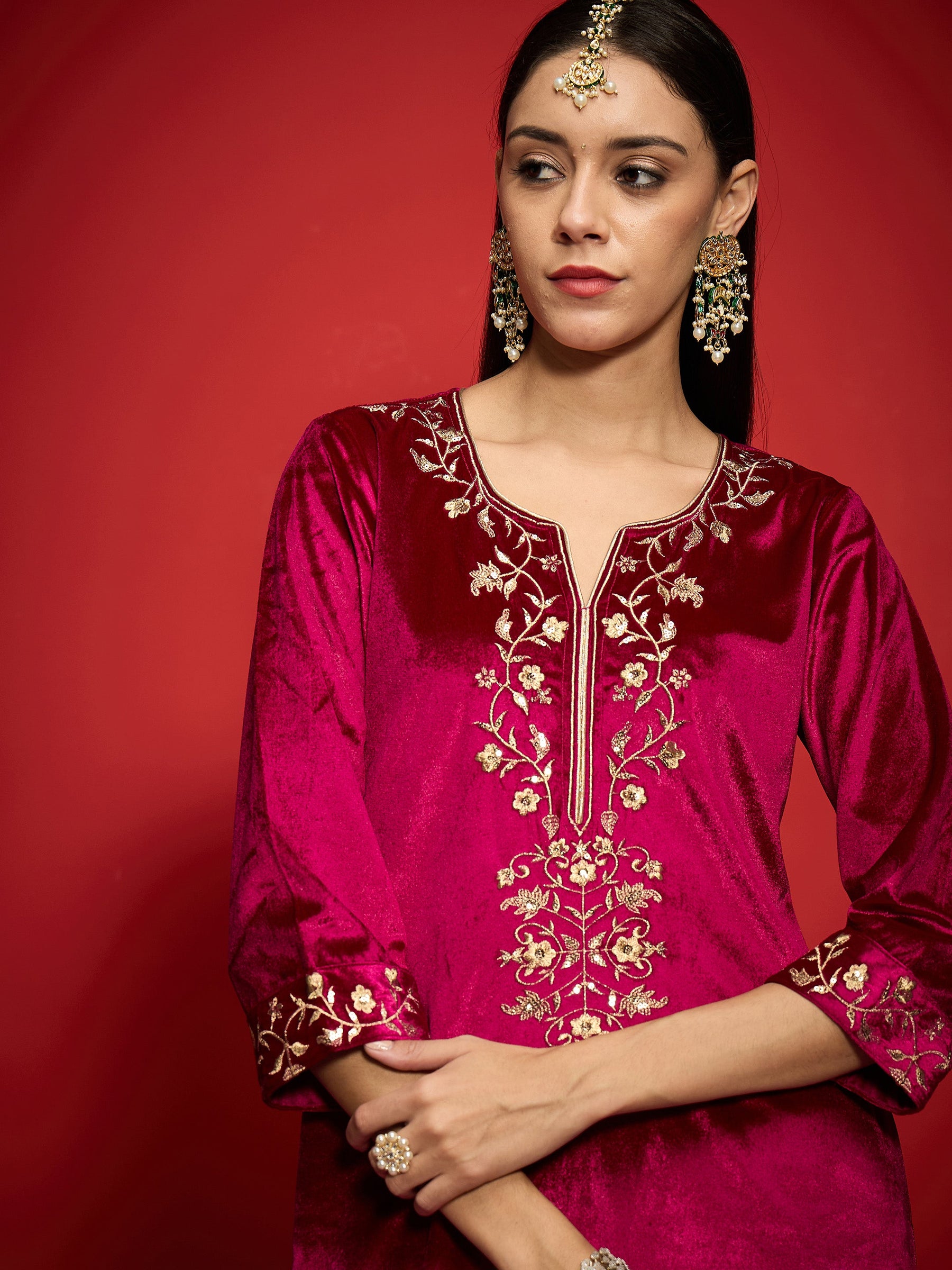 Fuchsia Velvet Zari Embroidered Round Neck Straight Kurta-Shae by SASSAFRAS