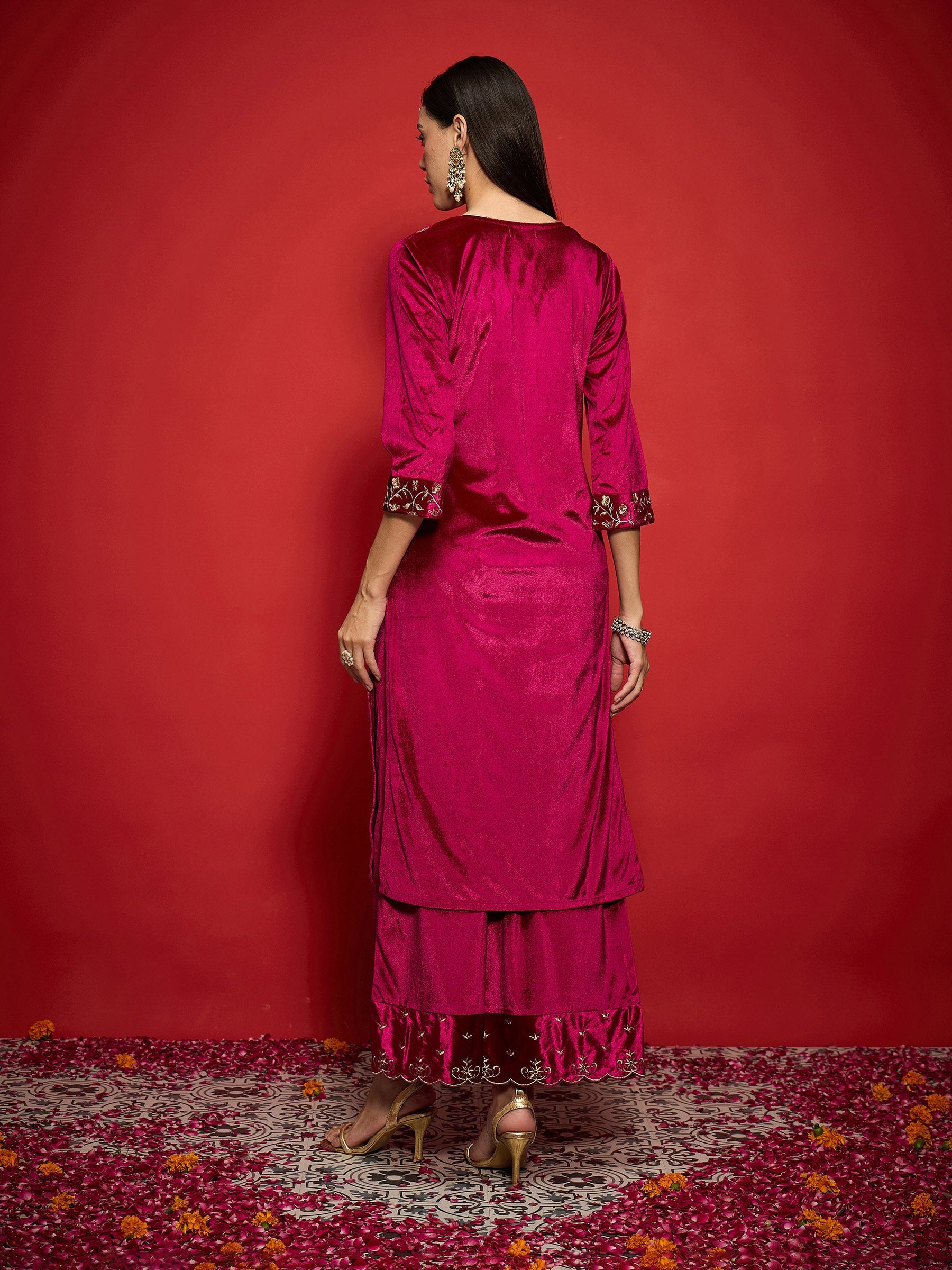 Fuchsia Velvet Zari Embroidered Round Neck Straight Kurta-Shae by SASSAFRAS