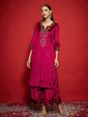 Fuchsia Velvet Embroidered Straight Kurta With Palazzos-Shae by SASSAFRAS