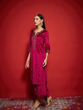 Fuchsia Velvet Embroidered Straight Kurta With Palazzos-Shae by SASSAFRAS