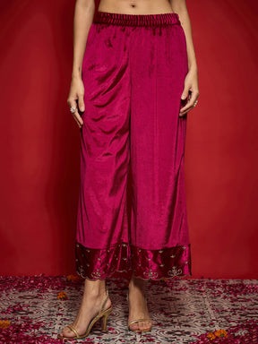 Fuchsia Velvet Embroidered Straight Kurta With Palazzos-Shae by SASSAFRAS