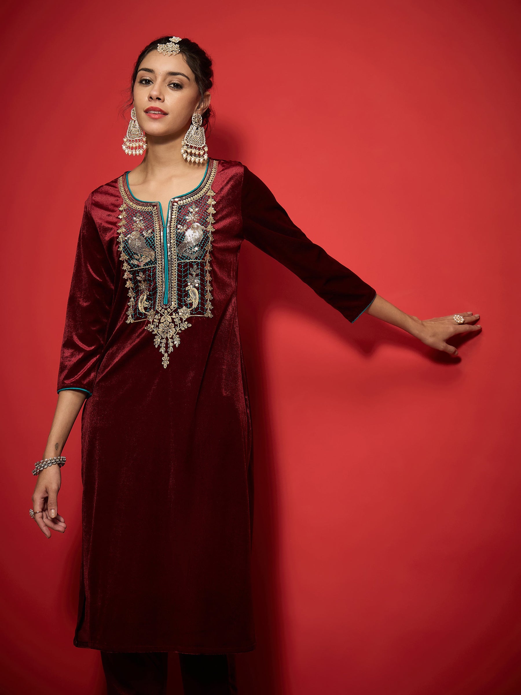 Maroon Velvet Front Embroidered Straight Kurta-Shae by SASSAFRAS