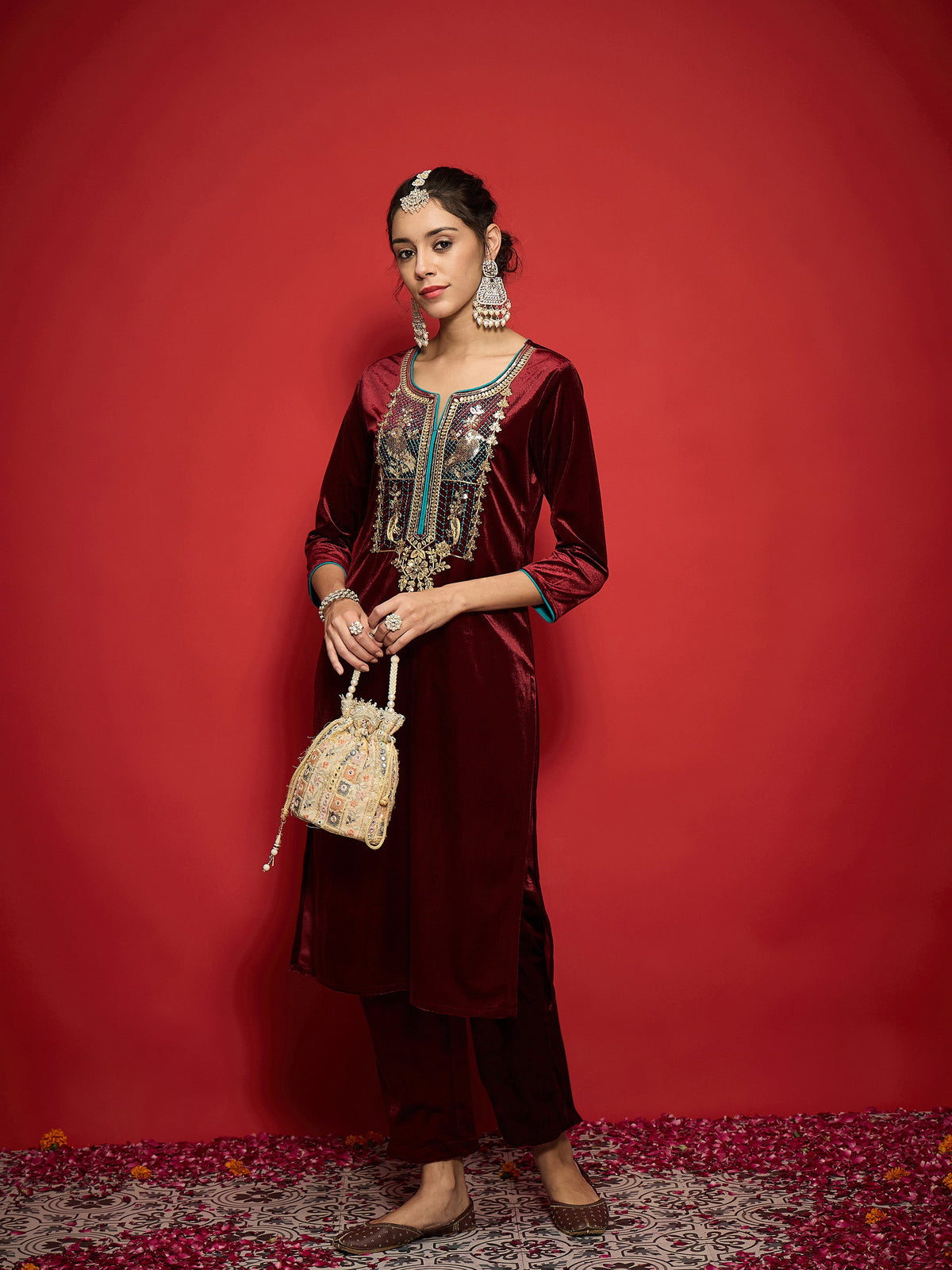 Maroon Velvet Front Embroidered Straight Kurta-Shae by SASSAFRAS