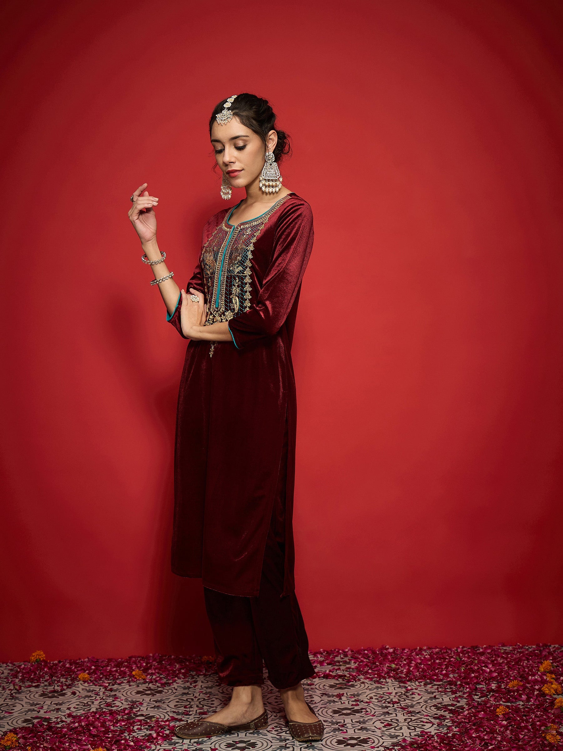 Maroon Velvet Front Embroidered Straight Kurta-Shae by SASSAFRAS