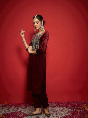 Maroon Velvet Front Embroidered Straight Kurta-Shae by SASSAFRAS