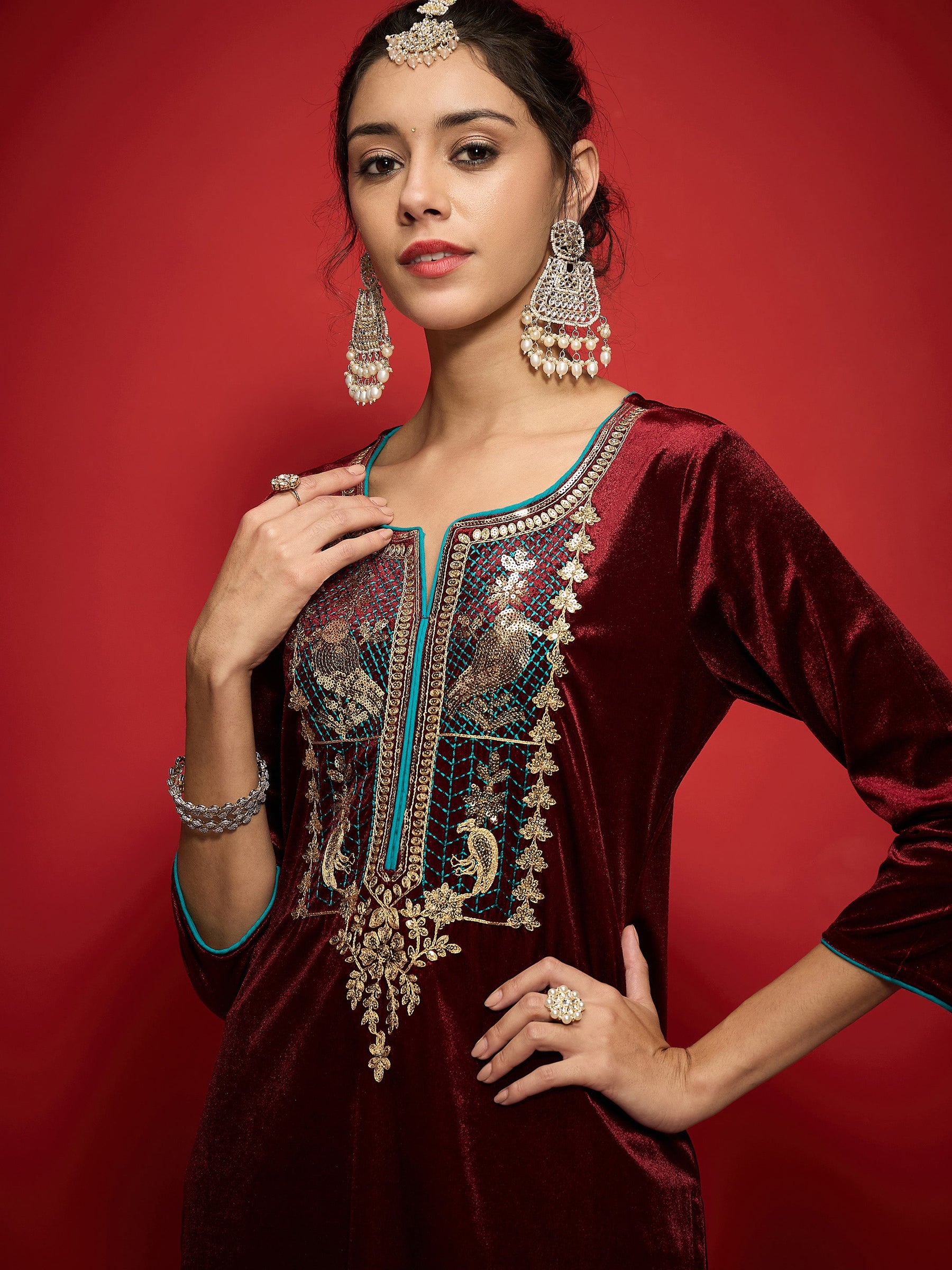 Maroon Velvet Front Embroidered Straight Kurta-Shae by SASSAFRAS